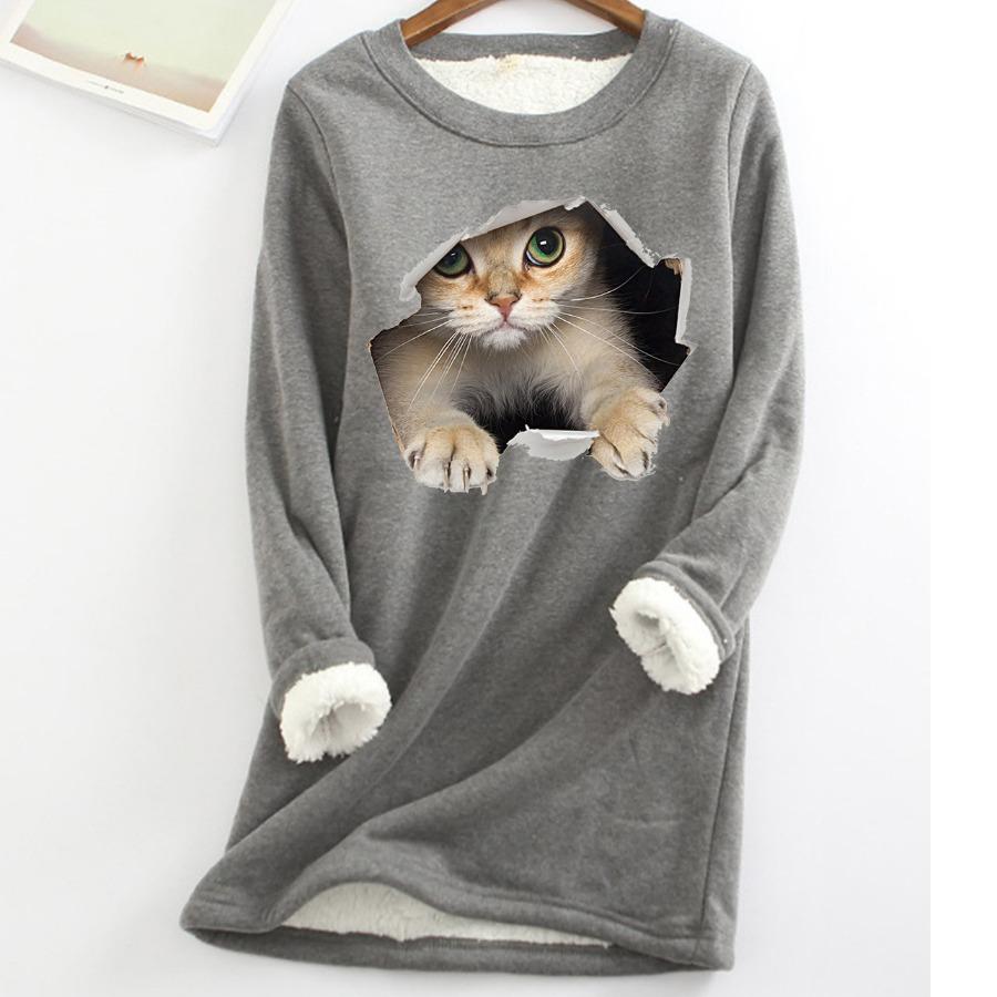 Plus Größe Verdickte Samt Warme Tops Frauen Winter Katze Drucken Casual Bodenbildung Fleece T Shirt Oansatz Sweatershirts M von Joom DACH