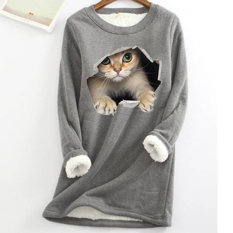 Plus Größe Verdickte Samt Warme Tops Frauen Winter Katze Drucken Casual Bodenbildung Fleece T Shirt Oansatz Sweatershirts M von Joom DACH