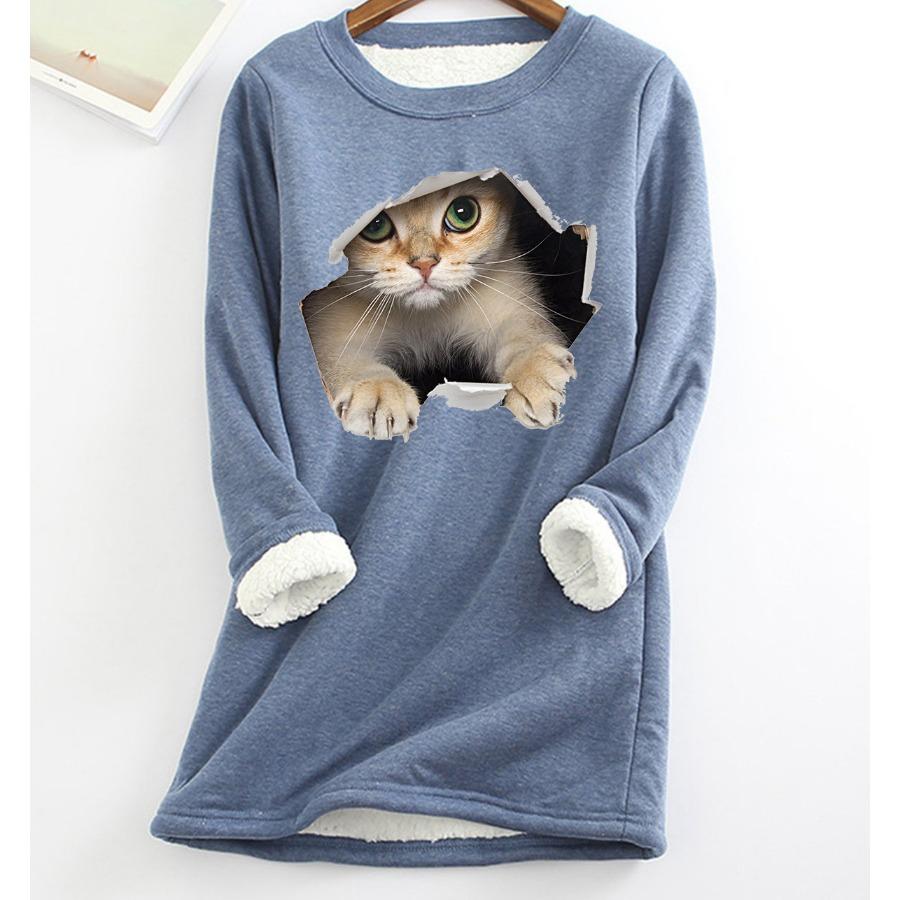 Plus Größe Verdickte Samt Warme Tops Frauen Winter Katze Drucken Casual Bodenbildung Fleece T Shirt Oansatz Sweatershirts XL von Joom DACH