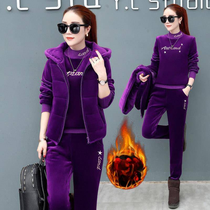 Plus Samt Verdickter Goldsamt Winterwärme Doppelseitiger Samt Freizeitweste Pullover Sport Dreiteiliger Anzug Damen 4XL violett von Joom DACH