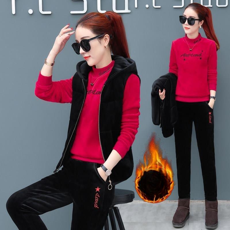 Plus Samt Verdickter Goldsamt Winterwärme Doppelseitiger Samt Freizeitweste Pullover Sport Dreiteiliger Anzug Damen 4XL rot von Joom DACH