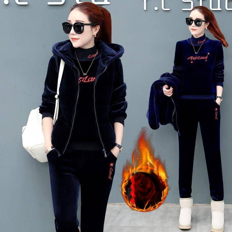 Plus Samt Verdickter Goldsamt Winterwärme Doppelseitiger Samt Freizeitweste Pullover Sport Dreiteiliger Anzug Damen 4XL königsblau von Joom DACH