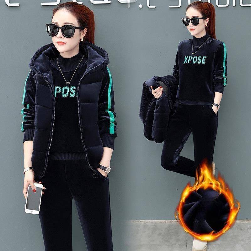 Plus Samt Verdickter Goldsamt Winterwärme Doppelseitiger Samt Freizeitweste Pullover Sport Dreiteiliger Anzug Damen M dunkelblaue von Joom DACH