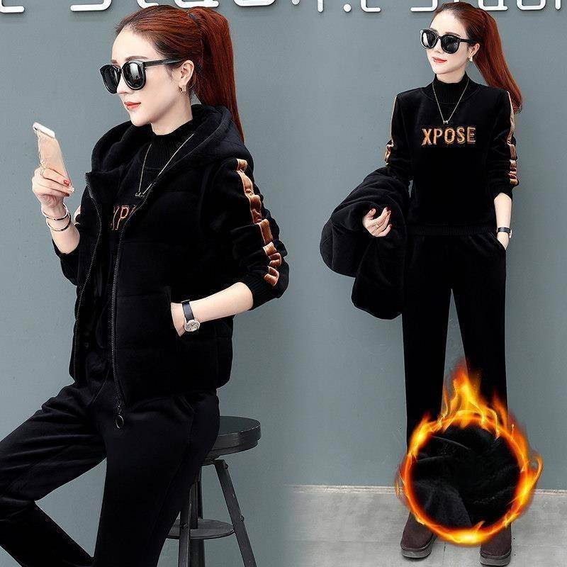 Plus Samt Verdickter Goldsamt Winterwärme Doppelseitiger Samt Freizeitweste Pullover Sport Dreiteiliger Anzug Damen M matte schwarze von Joom DACH