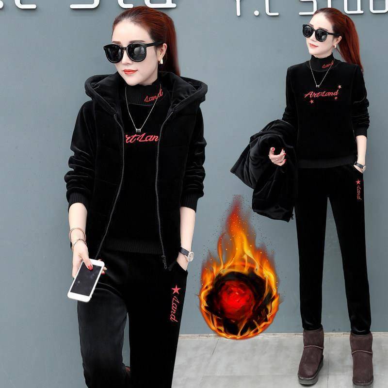 Plus Samt Verdickter Goldsamt Winterwärme Doppelseitiger Samt Freizeitweste Pullover Sport Dreiteiliger Anzug Damen M schwarz von Joom DACH
