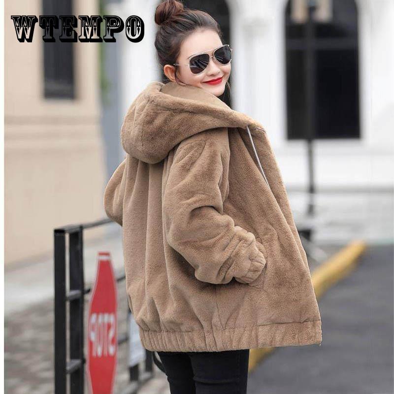 Plus Samt gepolstert Faux Kaninchen Pelz Kapuze mittellang lose Langarm Jacke Frauen XXXL braun von Joom DACH