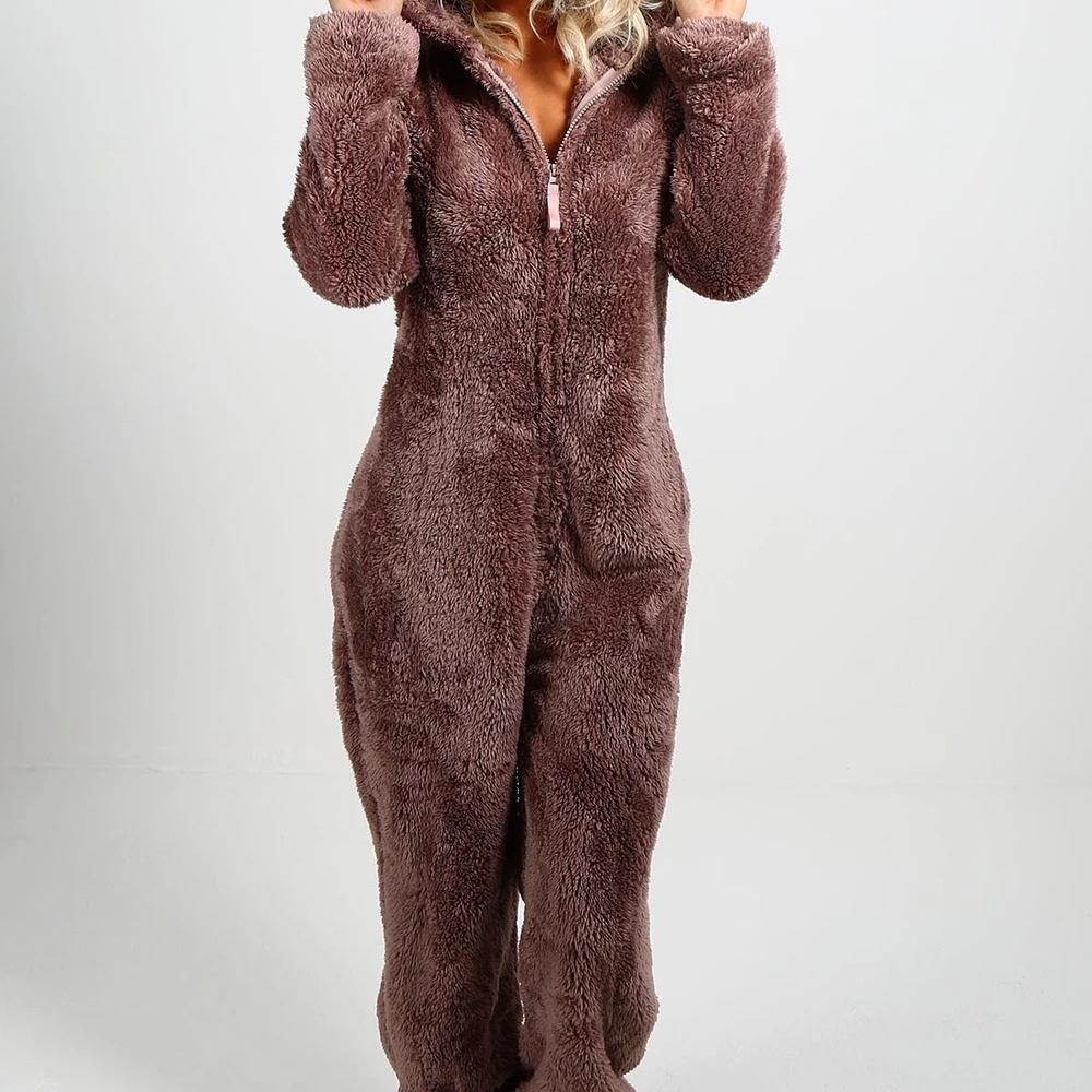 Plus Size 5XL Damen-Overall aus samtdicker Wolle für zu Hause mit Kapuze 5XL braun von Joom DACH