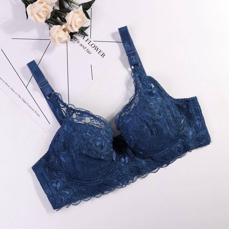 Plus Size 80B-105D Damen-Stickerei-BH Anti-Sag-BH mit gerafftem Bügel, atmender, verstellbarer BH, Push-up-BHs 46/105 blau von Joom DACH