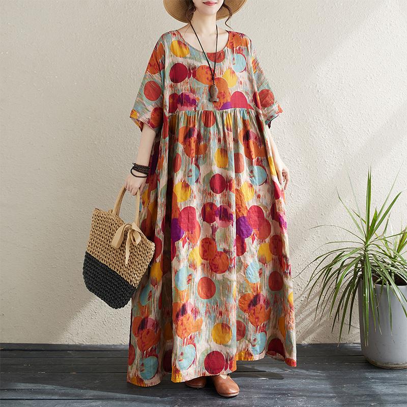 Plus Size Damen 2024 Neues Sommerkleid im O-Ausschnitt mit Blumenmuster, lockeres Kleid aus grünem Leinen, Basic-Kleider One Size von Joom DACH