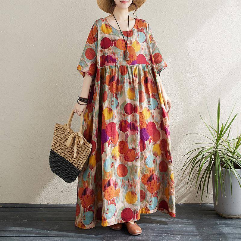 Plus Size Damen 2024 Neues Sommerkleid im O-Ausschnitt mit Blumenmuster, lockeres Kleid aus grünem Leinen, Basic-Kleider One Size von Joom DACH