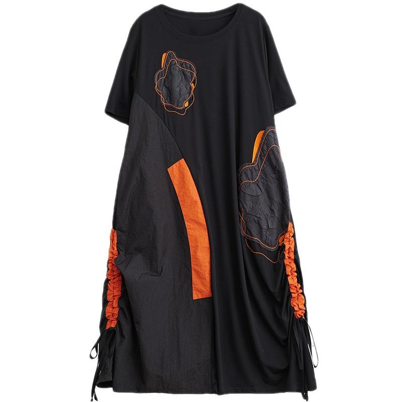 Plus Size Damen Langes Kleid Neuer Sommerstil Patchwork Kurzarm Lose Neue Schwarze Kleider one size schwarz von Joom DACH