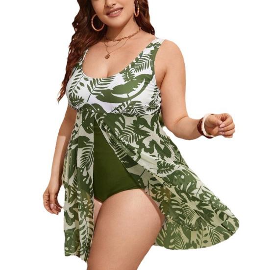 Plus Size Damen Monokini, U-Ausschnitt, ärmellos, Pflanzendruck, geteilter Saum, einteiliger Badeanzug, kontrollierter Bauch-Badeanzug, schnell trocknende Strandbekleidung 4XL grün von Joom DACH