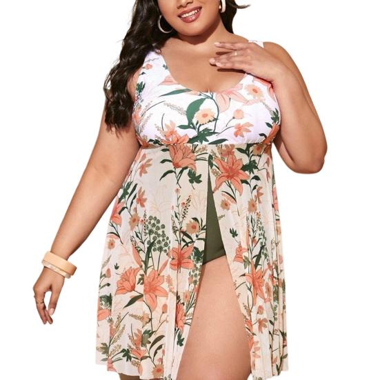 Plus Size Damen Monokini, U-Ausschnitt, ärmellos, Pflanzendruck, geteilter Saum, einteiliger Badeanzug, kontrollierter Bauch-Badeanzug, schnell trocknende Strandbekleidung 4XL weiß von Joom DACH