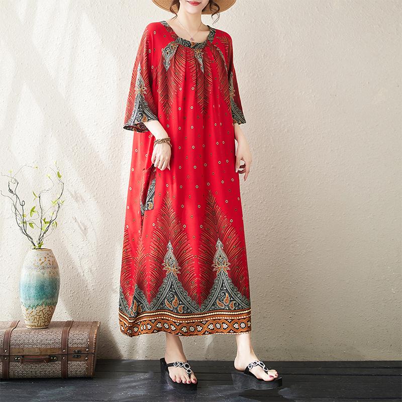 Plus Size Damen Neues Sommerkleid im O-Ausschnitt mit Blumendruck, lockeres Vintage-Kleid, Basic-Kleid One Size rot von Joom DACH