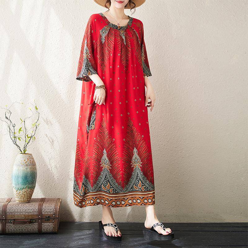 Plus Size Damen Neues Sommerkleid im O-Ausschnitt mit Blumendruck, lockeres Vintage-Kleid, Basic-Kleid One Size rot von Joom DACH