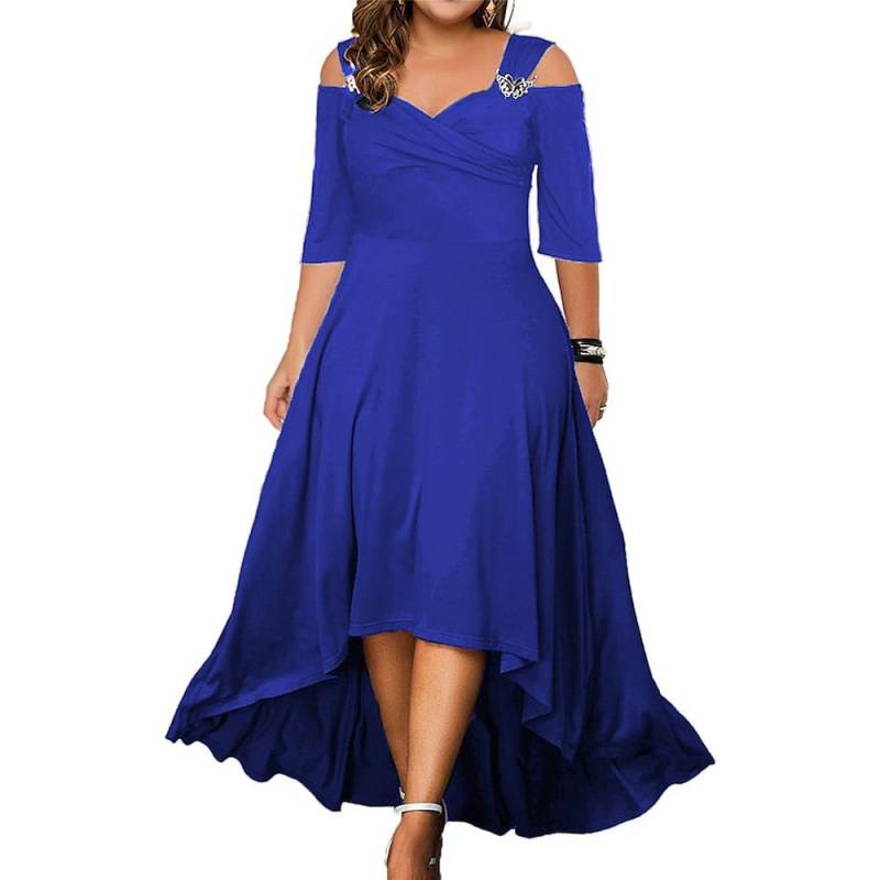 Plus Size Damen Sommer V-Ausschnitt Schulterfrei Midikleid Damen Elegantes Partykleid Swing Kleider Abendkleid XL blau von Joom DACH