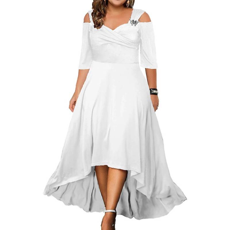 Plus Size Damen Sommer V-Ausschnitt Schulterfrei Midikleid Damen Elegantes Partykleid Swing Kleider Abendkleid XL weiß von Joom DACH
