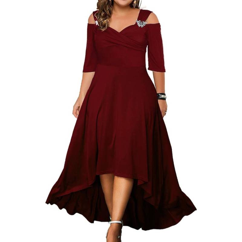 Plus Size Damen Sommer V-Ausschnitt Schulterfrei Midikleid Damen Elegantes Partykleid Swing Kleider Abendkleid XXXL rot von Joom DACH