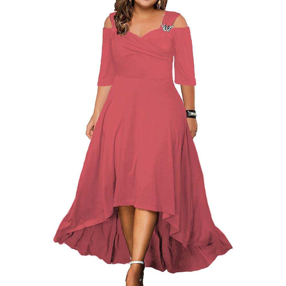 Plus Size Damen Sommer V-Ausschnitt Schulterfrei Midikleid Damen Elegantes Partykleid Swing Kleider Abendkleid XXXL rosa von Joom DACH