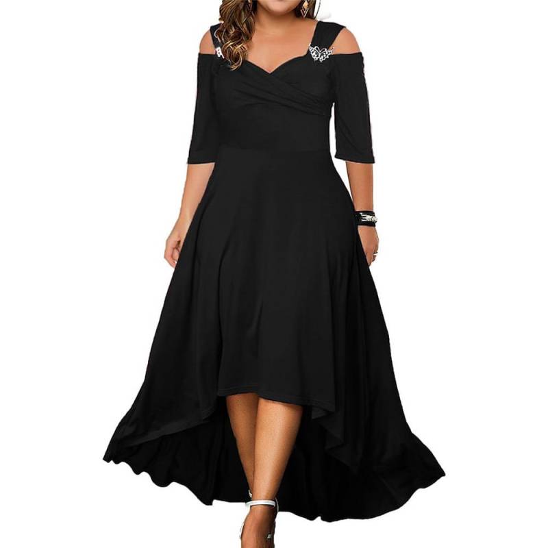 Plus Size Damen Sommer V-Ausschnitt Schulterfrei Midikleid Damen Elegantes Partykleid Swing Kleider Abendkleid XXXL schwarz von Joom DACH