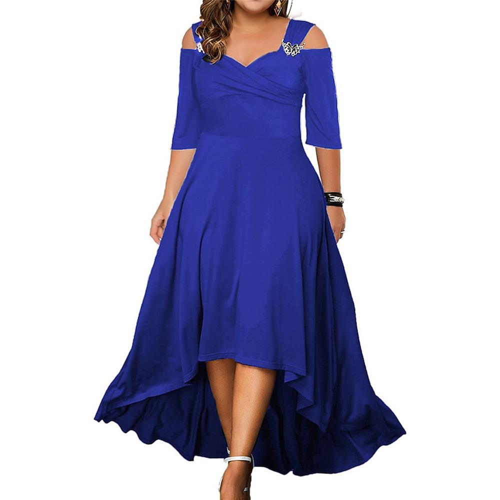 Plus Size Damen Sommer V-Ausschnitt Schulterfrei Midikleid Damen Elegantes Partykleid Swing Kleider Abendkleid XXXXXL blau von Joom DACH