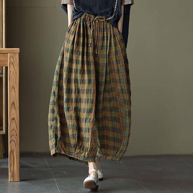 Plus Size Damen Sommerhose Baumwolle Leinen Weites Bein Lockere Karierte Hose Übergroße Freizeithose XXL von Joom DACH