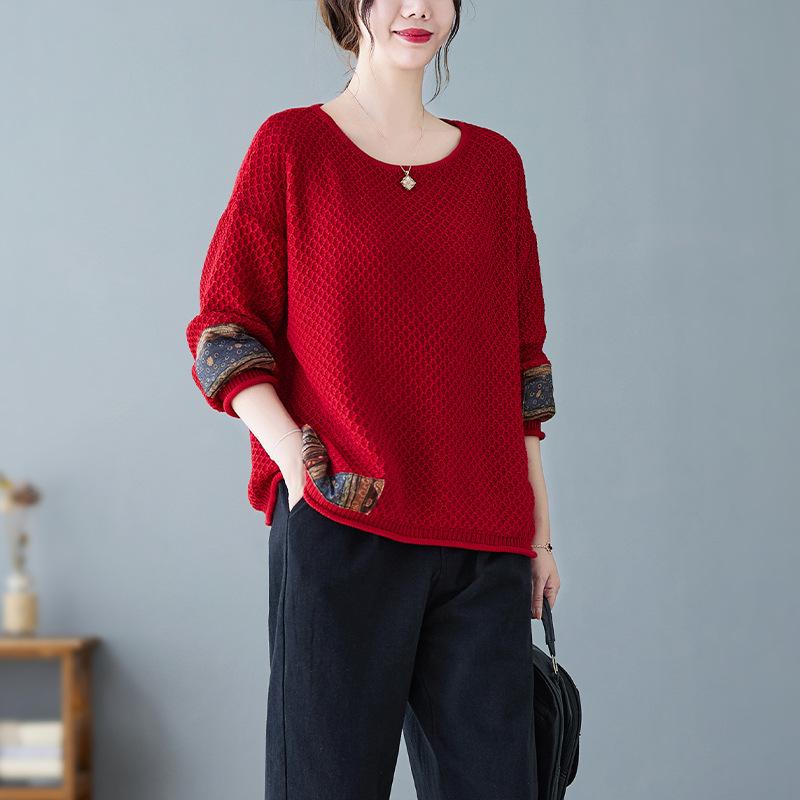Plus Size Damen Vintage Ethno-Stil Strickpullover Lose Übergroße Pullover Baumwolloberteile One Size rot von Joom DACH