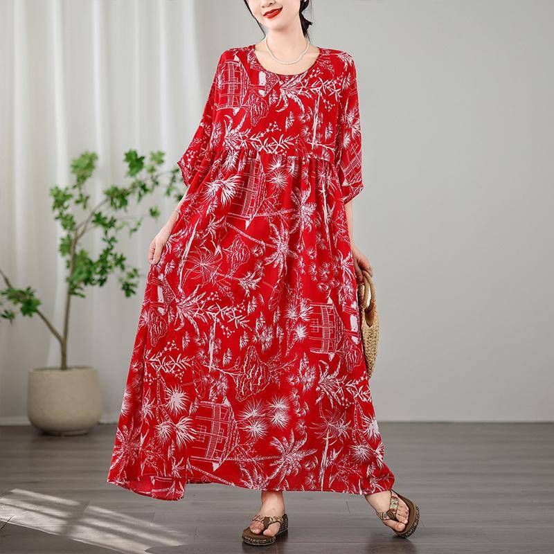 Plus Size Damen Vintage Sommer Langes Basic Casual Blumendruck Urlaub O-Ausschnitt Übergröße Neues Strand T-Shirt Kleid One Size rot von Joom DACH