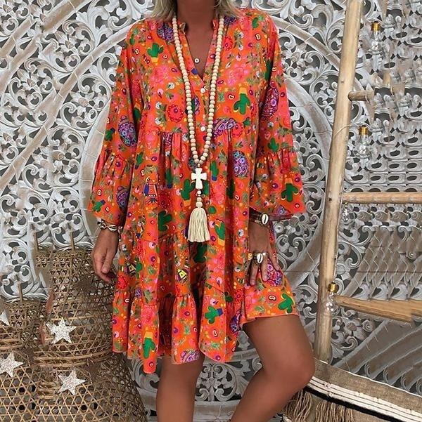 Plus Size Damenmode, locker, lässig, V-Ausschnitt, langärmelig, Blumendruck, Sommerkleid 4XL von Joom DACH