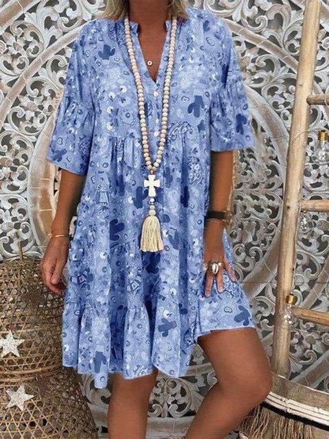 Plus Size Damenmode, locker, lässig, V-Ausschnitt, langärmelig, Blumendruck, Sommerkleid XL blau von Joom DACH