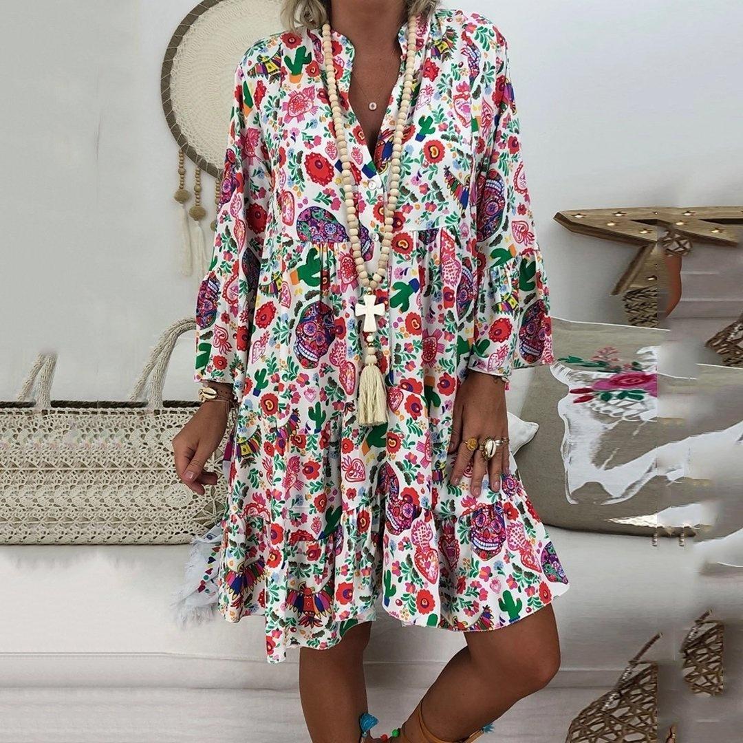 Plus Size Damenmode, locker, lässig, V-Ausschnitt, langärmelig, Blumendruck, Sommerkleid XL weiß von Joom DACH