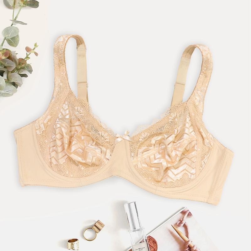 Plus Size Elegante BHs Damen Plus Chevron-Muster Schleife Dekor Ultradünner Bügel-Spitzen-BH 105C beige von Joom DACH
