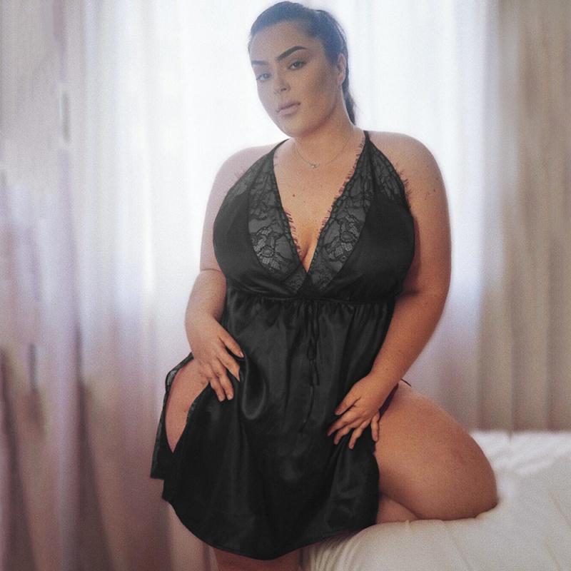 Plus Size Fashion Damen-Schlafanzug mit tiefem V-Ausschnitt, Spaghetti-Nachthemd, Spitzen-Dessous-Kleid XXXXXL schwarz von Joom DACH