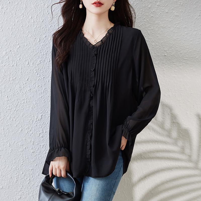 Plus Size Frühling Neue Chiffon Slim Blusen Damen Weiche Shirts V-Ausschnitt Zeigen Dünne Lange Ärmel Solid Black Oversize Tops 4XL schwarz von Joom DACH