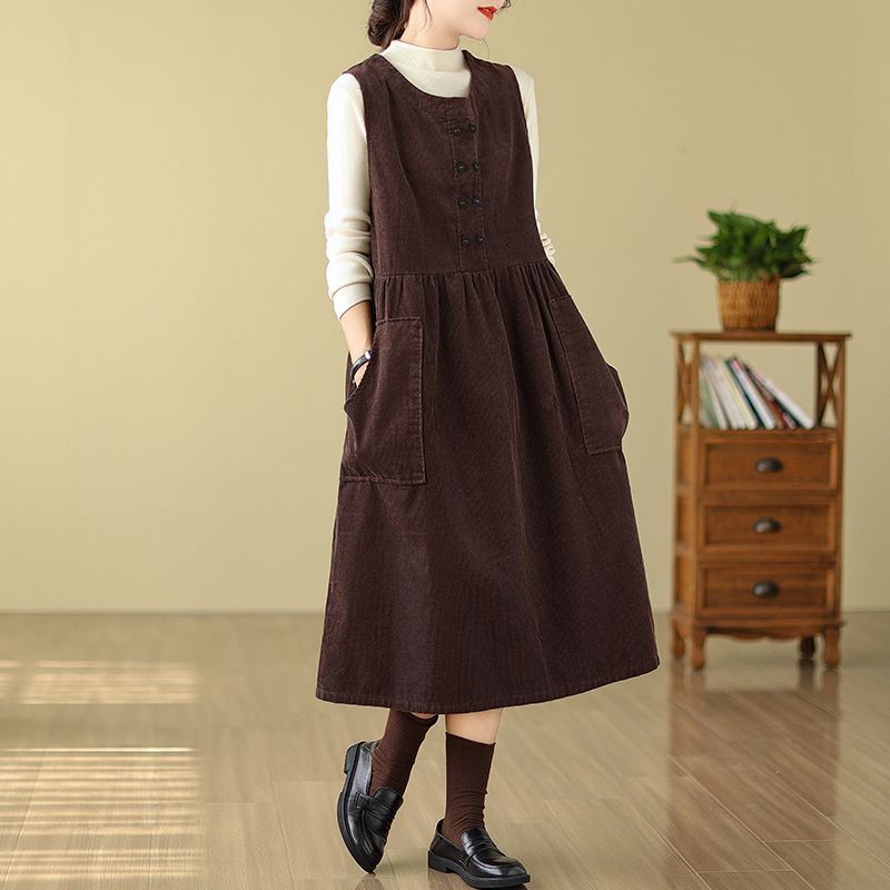 Plus Size Herbst Winter Damen Solid Basic Sommerkleid O-Ausschnitt Frühling Tank Kleid Ärmelloses Cord Midikleid L kaffeebraun von Joom DACH