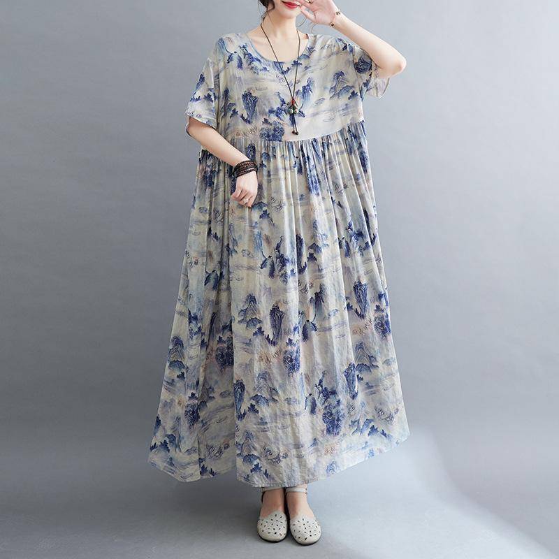 Plus Size Kleid Damen Neue Sommerkleider O-Ausschnitt Große Blumen Lose Kleider one size blau von Joom DACH