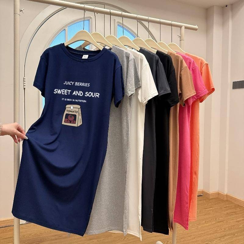 Plus Size Retro Chic Kurzarm T-Shirt Kleid Damen Lockeres mittellanges offenes Kleid 4XL dunkelblau von Joom DACH