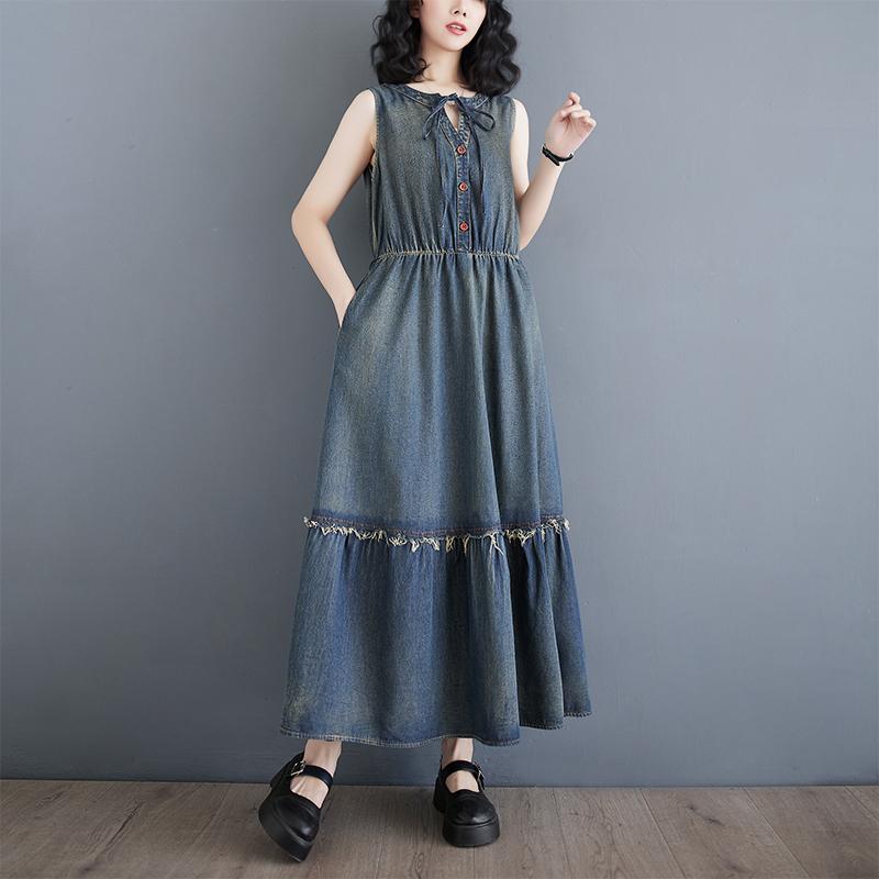 Plus Size Sommer Damen Denim ärmelloses Kleid lässig locker übergroß langes Vintage Plisseekleid 2XL blau von Joom DACH