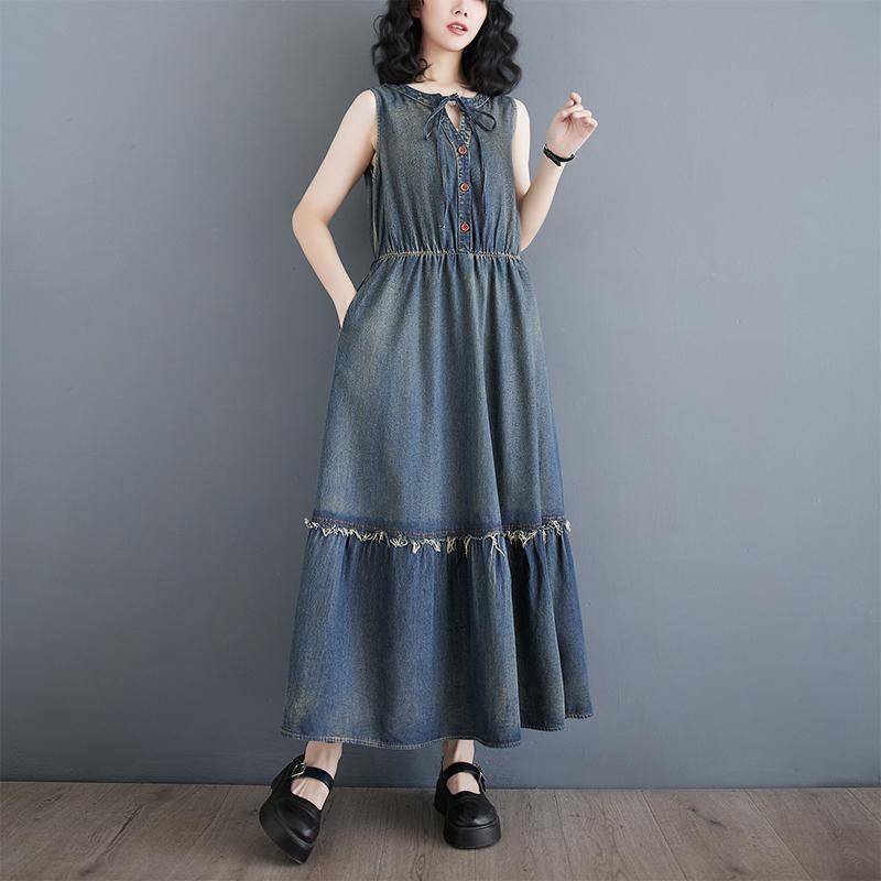 Plus Size Sommer Damen Denim ärmelloses Kleid lässig locker übergroß langes Vintage Plisseekleid 2XL blau von Joom DACH