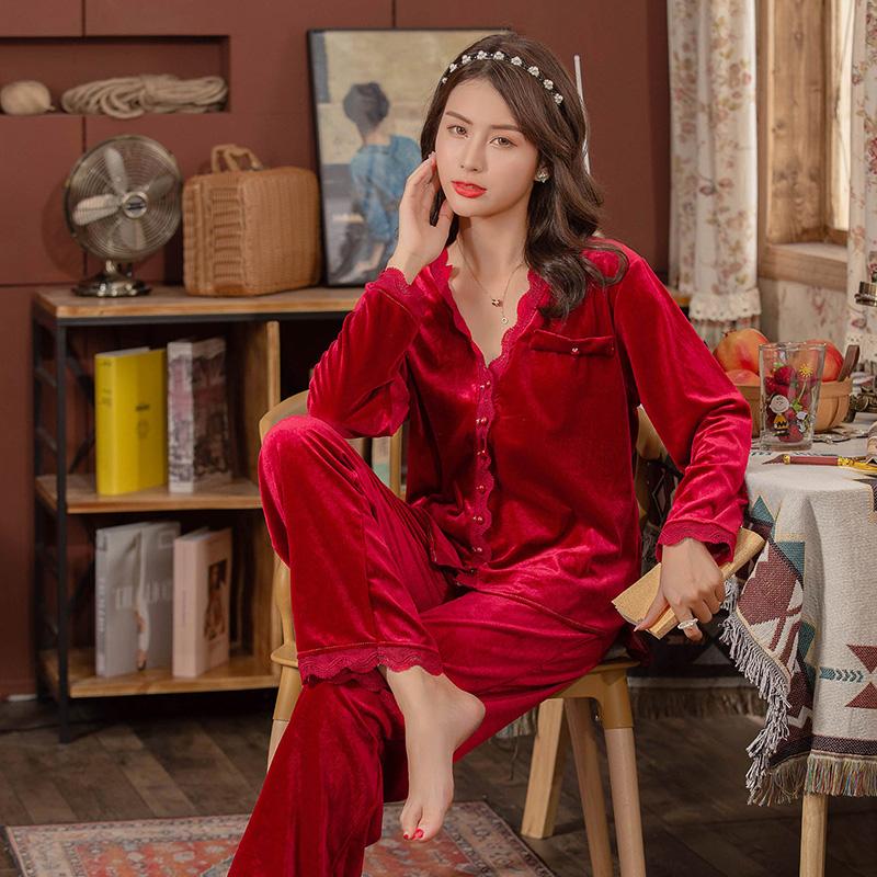 Plus Übergroßer Pyjama Spitze Damen Samt Pyjama Dicker Pyjama Damen Pyjama Pyjama Set Warmer Brautjungfern Pyjama Pyjama Set 5XL von Joom DACH