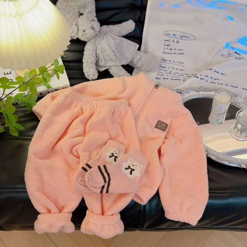 Plüschsets Kinder Herbst Winter Warme Fleeceanzüge Baby Verdickte Strickjacke Hosen Outfits Jungen Mädchen Homewear 110cm rosa von Joom DACH