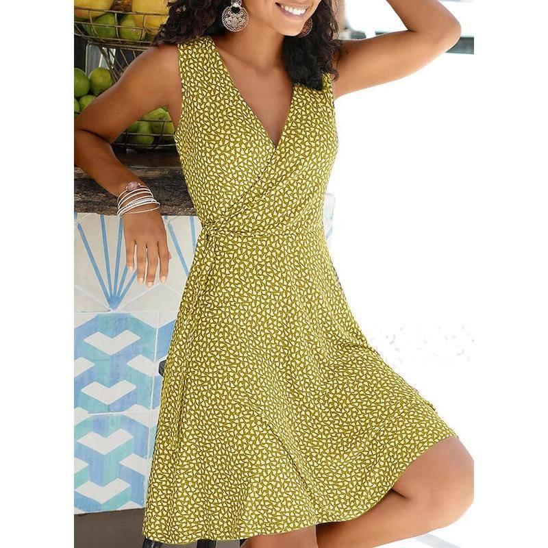 Polka Dot Print Kleid Frauen Ärmelloses Bandage Strandkleid Sommer Böhmische Kleider für Frauen V-Ausschnitt Freizeitkleider Damen Robe S gelb von Joom DACH