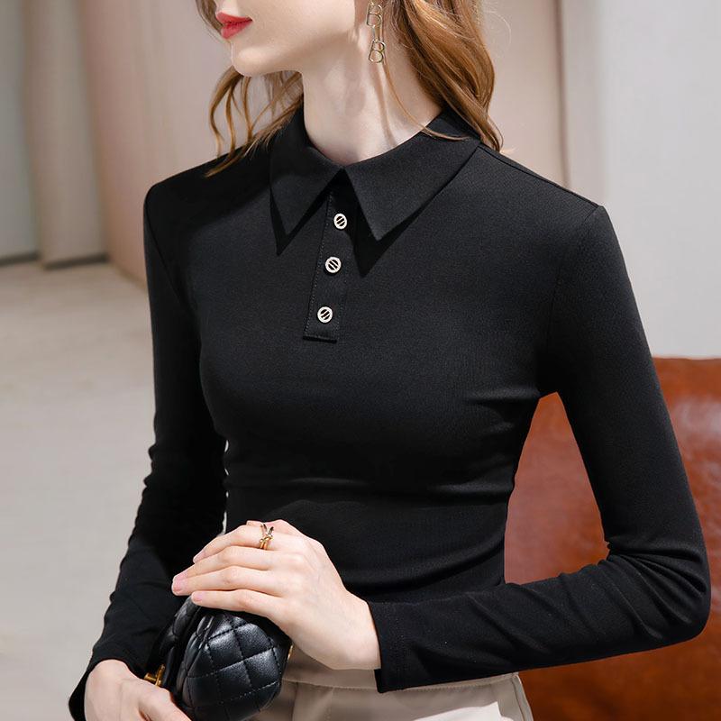 Polo-Kragen-Basishemd für Damen, neues einfarbiges Langarm-T-Shirt mit Knöpfen und Innendesign für Damen XL von Joom DACH