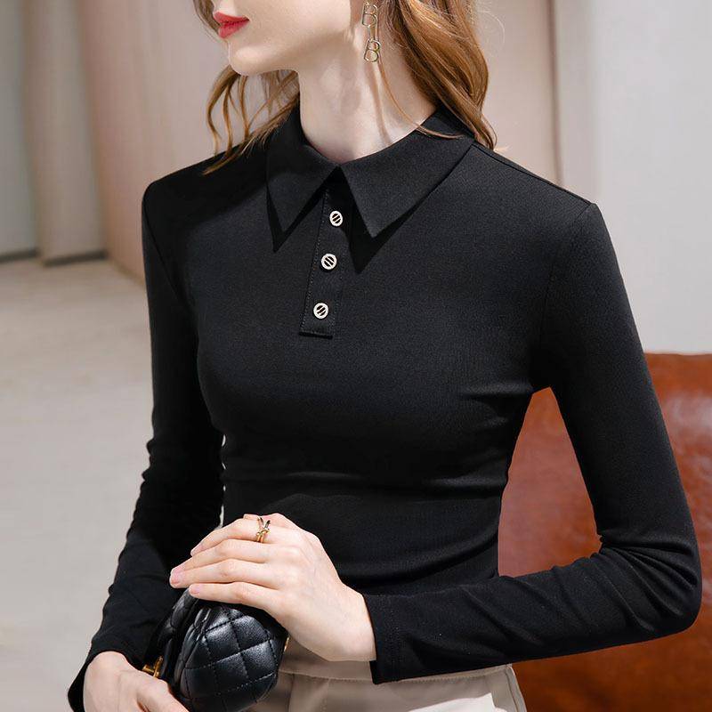 Polo-Kragen-Basishemd für Damen, neues einfarbiges Langarm-T-Shirt mit Knöpfen und Innendesign für Damen XL von Joom DACH