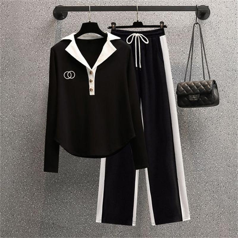 Polo-Kragen Langarmshirt Lässig Patchwork Weitbeinige Hose Zweiteiliges Set Damen Hosen-Set XXXL schwarz von Joom DACH