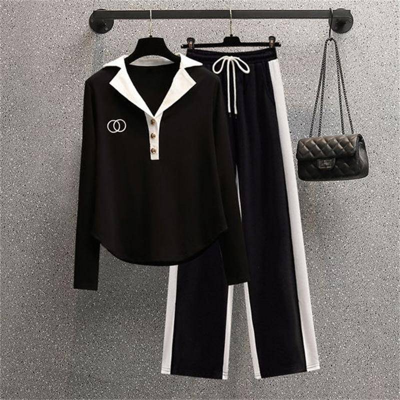 Polo-Kragen Langarmshirt Lässig Patchwork Weitbeinige Hose Zweiteiliges Set Damen Hosen-Set XXXL schwarz von Joom DACH