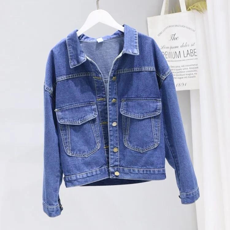 Polo Neck Casual Denim Jacke frauen Lose Mantel Kurze Top Frühling und Herbst Student S dunkelblaue von Joom DACH