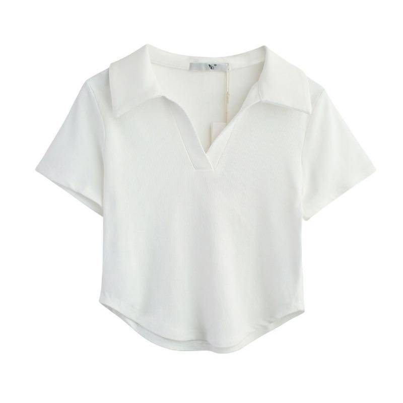 Polokragen-Shirt Kurzarm Damen Cropped T-Shirt Crop Top Schlanke hohe Taille Einfacher Casual Style Sommer 2024 Neuer Style M von Joom DACH
