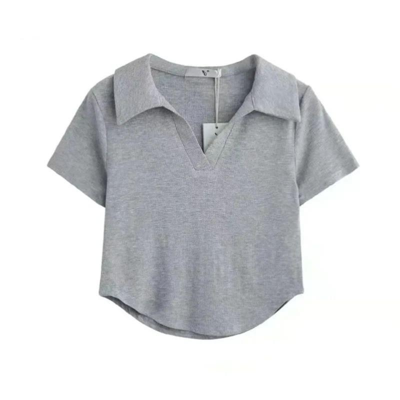 Polokragen-Shirt Kurzarm Damen Cropped T-Shirt Crop Top Schlanke hohe Taille Einfacher Casual Style Sommer 2024 Neuer Style S von Joom DACH