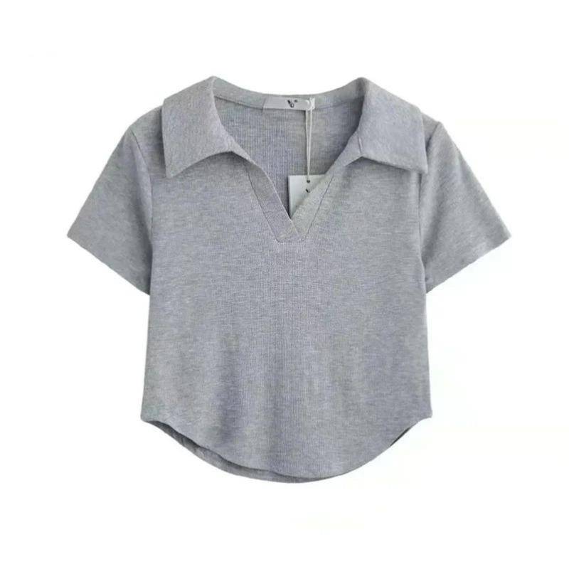 Polokragen-Shirt Kurzarm Damen Cropped T-Shirt Crop Top Schlanke hohe Taille Einfacher Casual Style Sommer 2024 Neuer Style S von Joom DACH
